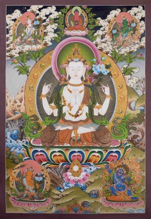 Large Size 4 Armed Chenrezig Thangka Painting with White Tara, Green Tara, Amitabha Buddha, Manjushri and Vajrapani